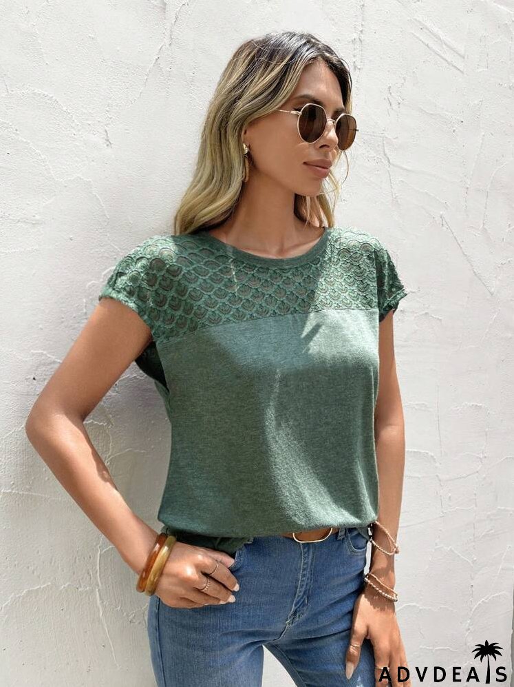 Contrast Lace Batwing Sleeve Tee