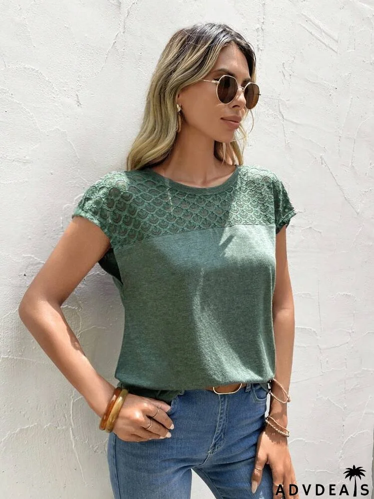 Contrast Lace Batwing Sleeve Tee