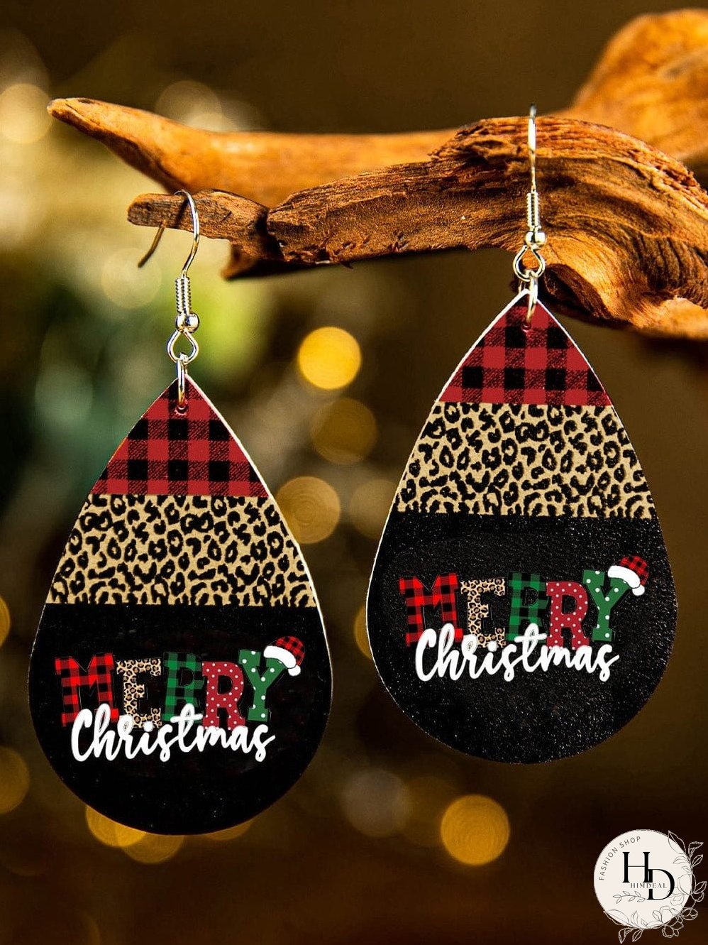 Leopard Print Black Christmas Drop Earrings