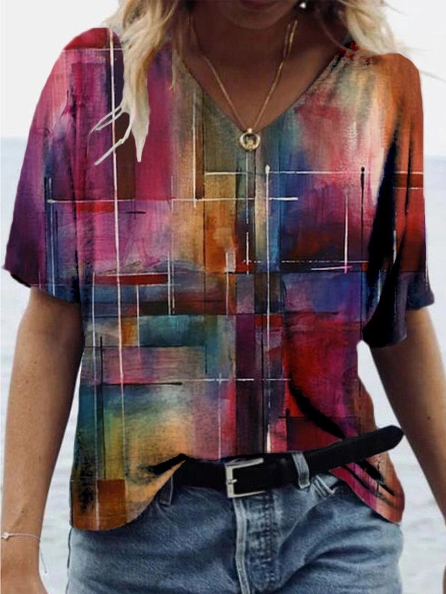 Casual Color Block Print V-Neck T-Shirt