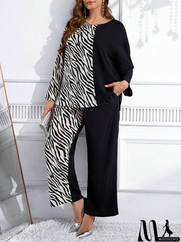 2pcs/Set Plus Size Solid Color Splice Long Sleeve Top And Pants Casual Suit