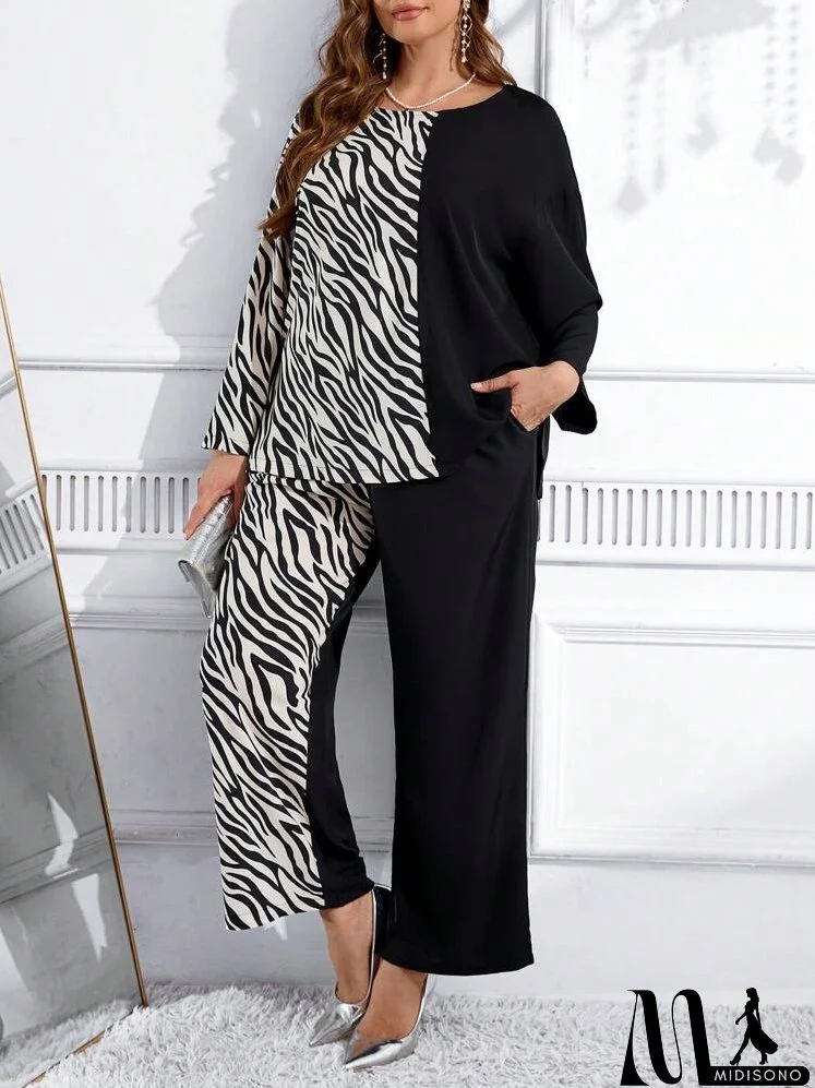 2pcs/Set Plus Size Solid Color Splice Long Sleeve Top And Pants Casual Suit