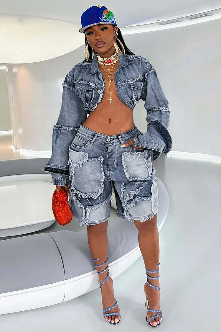 Long Sleeve Crop Jacket Raw Edge Denim Patches Shorts Matching Set-Blue