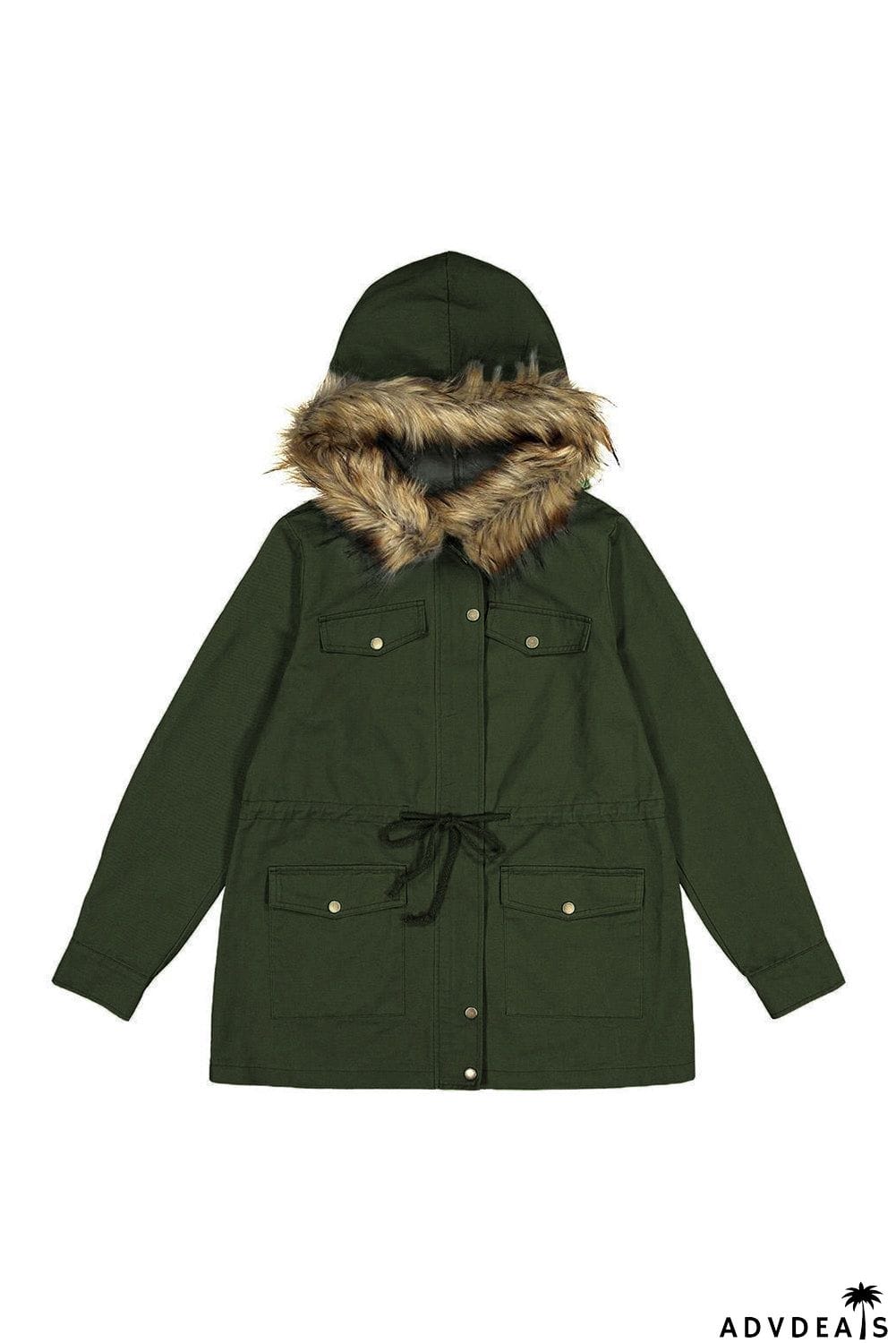 Zipper Snaps Pocket Plush Hooded Parka Jacket