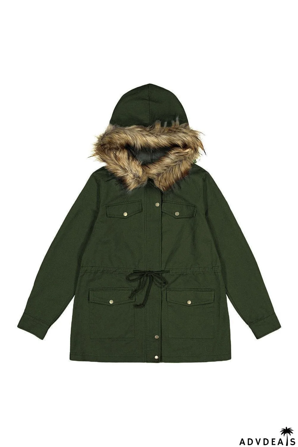 Zipper Snaps Pocket Plush Hooded Parka Jacket