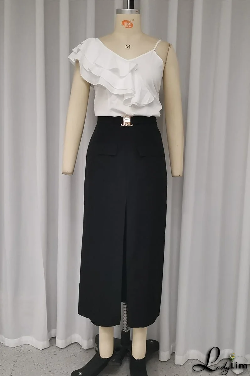 Sexy Celebrities Solid Color Ruffle Slit With Belt V Neck Sleeveless Two Pieces