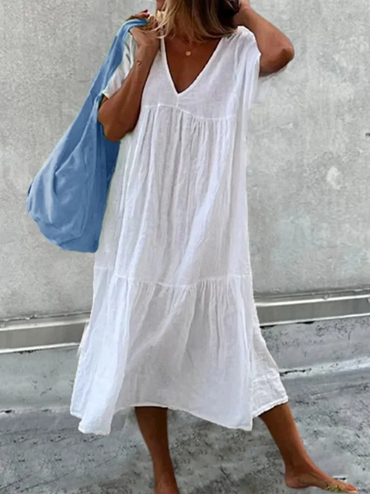 V Neck Short Sleeves Linen-blend Midi Dress socialshop