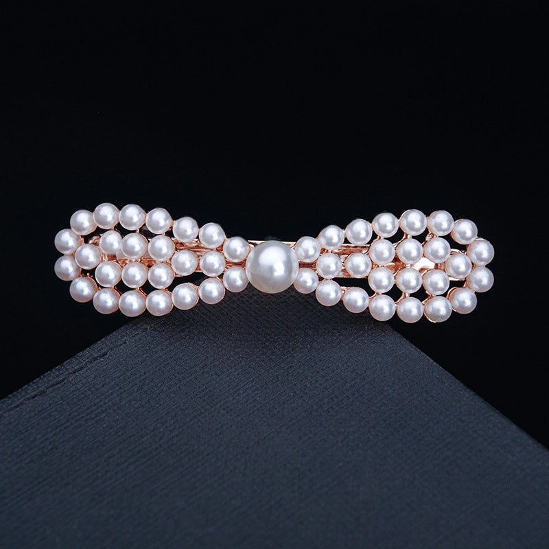 Korean Hair Accessories Rhinestone Bow Simple Hairpin Adult Pearl Horizontal Clip Ponytail Clip Top Clip Spring Clip Small