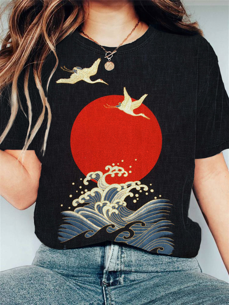 Comstylish Cranes & Sunrise Japanese Art Vintage Washed T Shirt