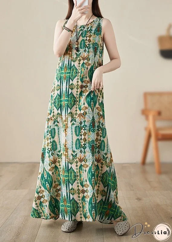 Handmade Green O-Neck Print Maxi Dresses Summer