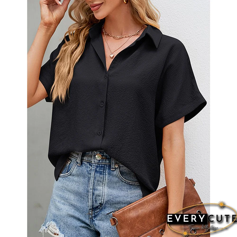 Black Button Lapel V Neck Short Sleeve Shirt