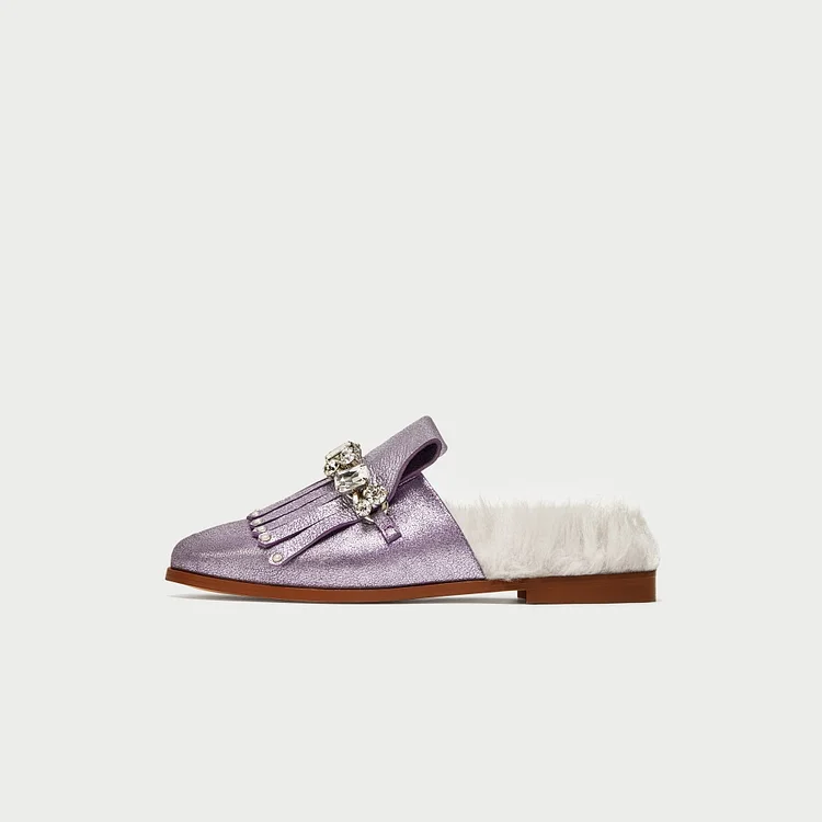 Violet Glitter Fringe Crystal Flat Furry Mule Loafers for Women |FSJ Shoes