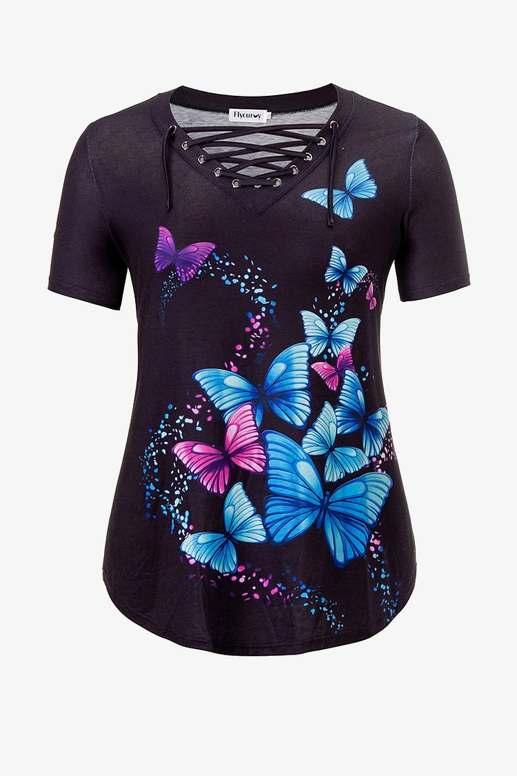 Plus Size V Neck Lace Up Butterfly Print Casual Cross Strap Short Sleeve Blouse  Flycurvy [product_label]