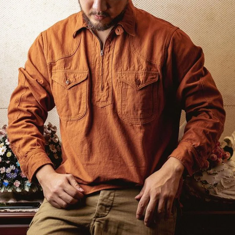 Vintage Two Pocket Zipper Lapel Long Sleeve Pullover Shirt