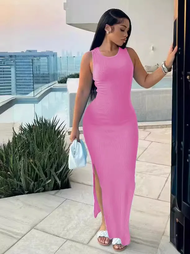 Uveng Uveng Women's Commuting Pits Long Dress Sleeveless Round Collar High-Waisted Ass Dress