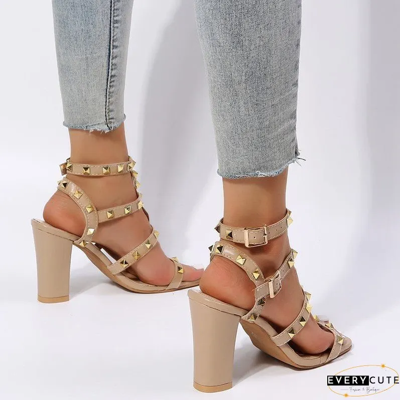 Gladiator High Heels: Women's Rivet Sandals with Buckle Strap and Square Toe