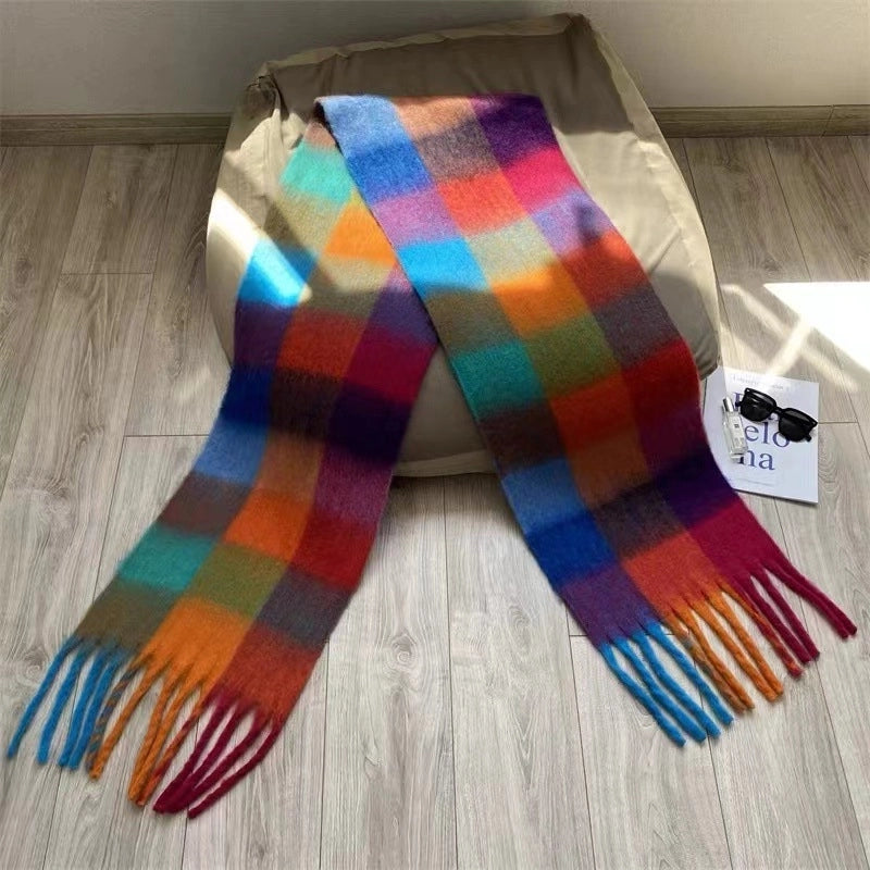 Knock On The Beauty Drop ~ A Big Love Thick Braid Rainbow Checkered Color Matching Scarf Winter Cashmere Plaid Tassel Shawl
