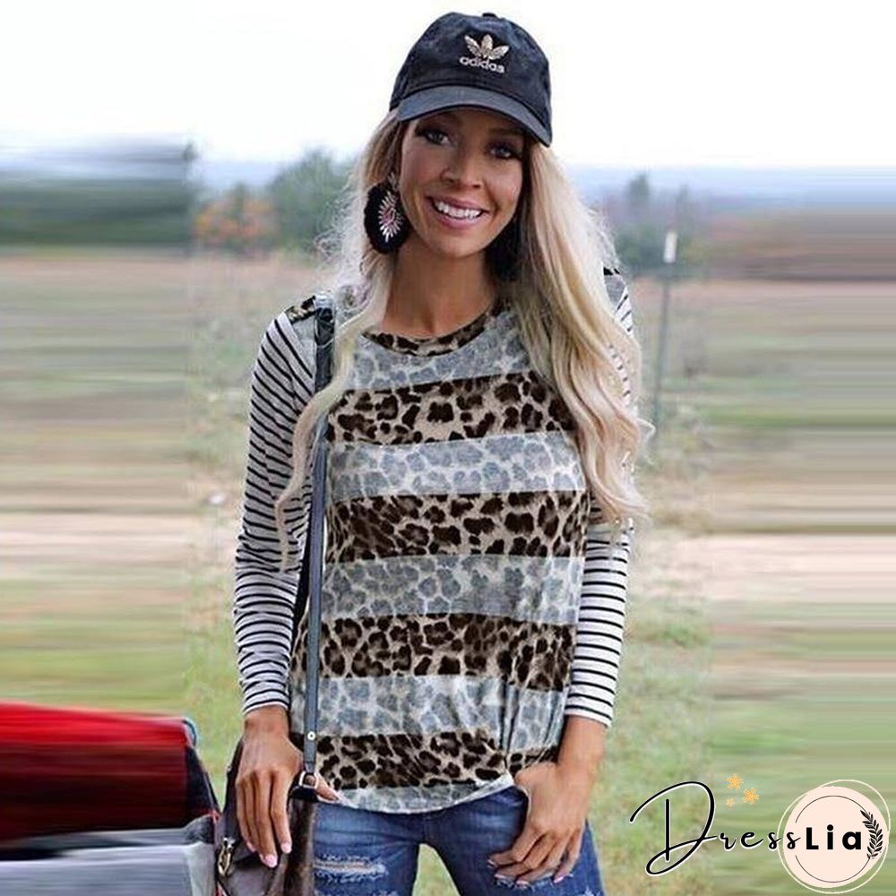 New Autumn Spring Woman Tshirts Splicing Leopard Long Stripe Sleeve Oversized Shirt Loose Top Women's Tops Fall Clothing