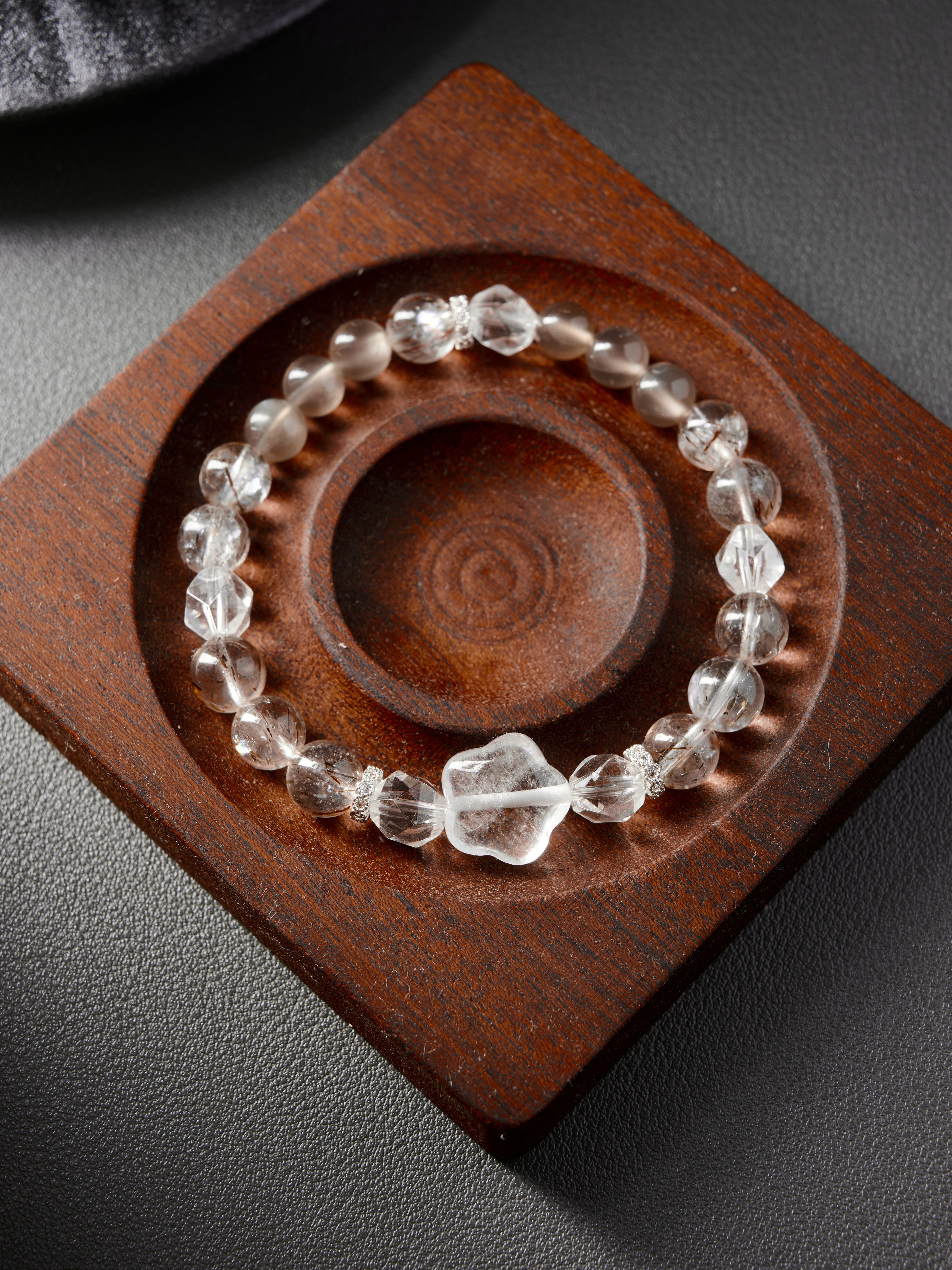 AvigJewelry rutilated, clear and rose quartz handcrafted bracelet, elastic 16–18 cm — full flat-lay top view