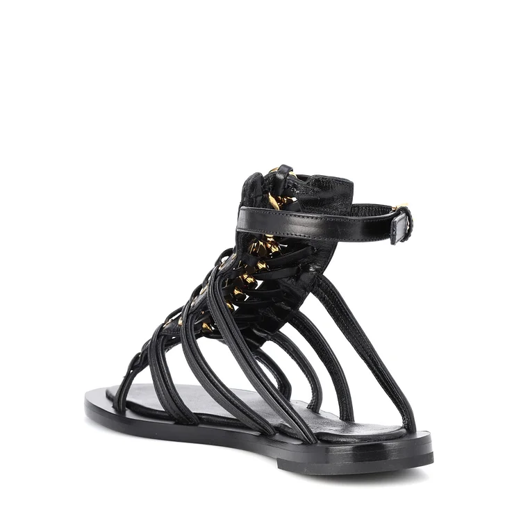 Black Gladiator Sandals Open Toe Flats Sandals With Chain |FSJ Shoes