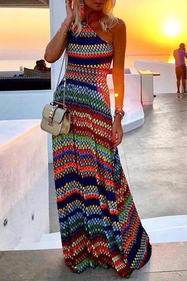 Sexy One Shoulder Vintage Printed Maxi Dress