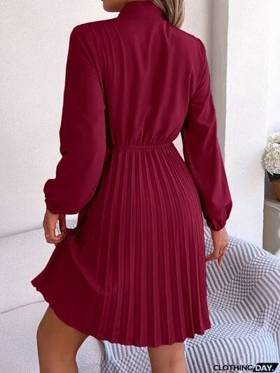 Tie Neck Balloon Sleeve Pleated Dress