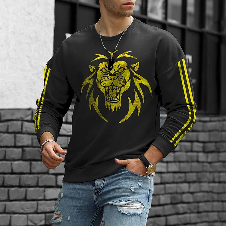 Black And Gold Contrast Lion Print Crew Neck Sweatshirt