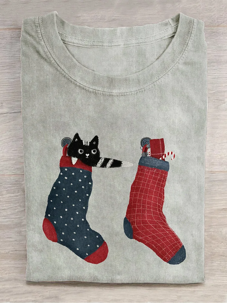 Fun Christmas cat print crew neck t-shirt