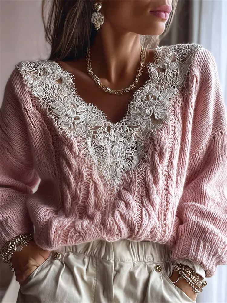 Vintage Lace Patchwork V Neck Cozy Cable Knit Sweater