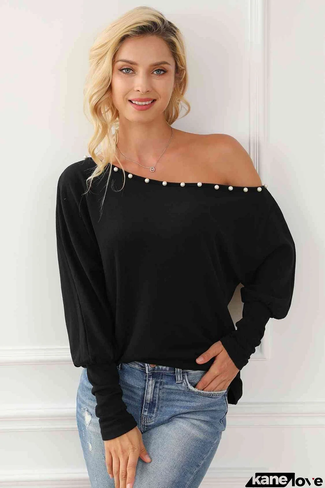 Pearl Trim Lantern Sleeve Top