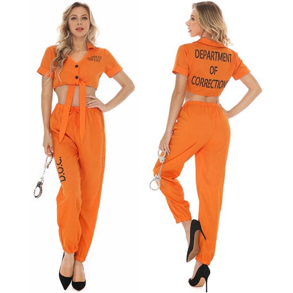 Women Prisoner Costume Halloween Cosplay Sexy Orange Is The New Black Street Hip Hop Split Shirt Handcuff Jumpsuit Female-Pajamasbuy