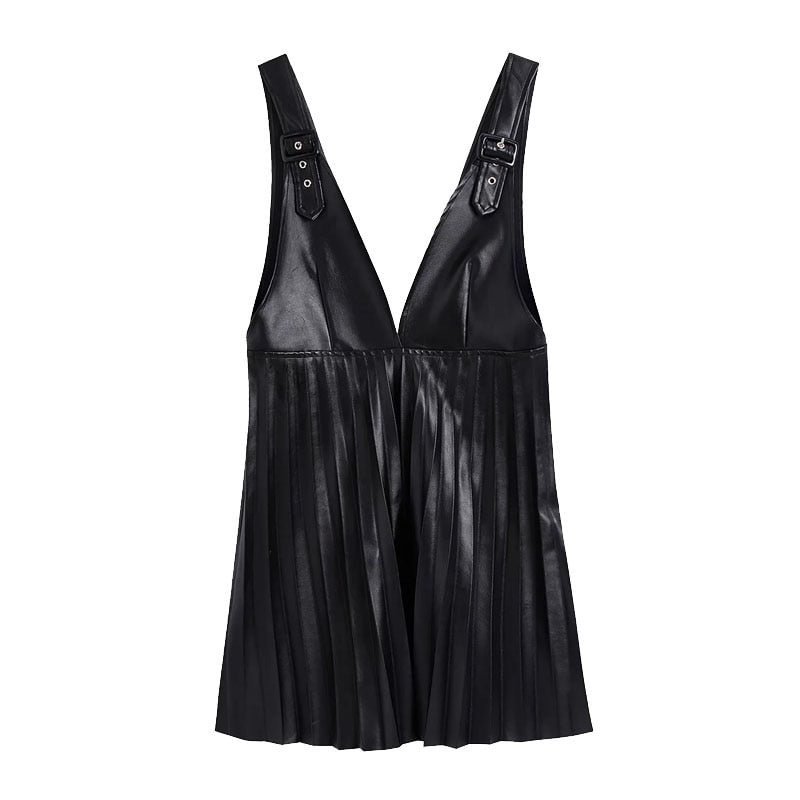 TRAF Women Fashion Faux Leather Pleated Mini Pinafore Skirt Vintage V Neck Wide Adjustable Straps Female Skirts Mujer