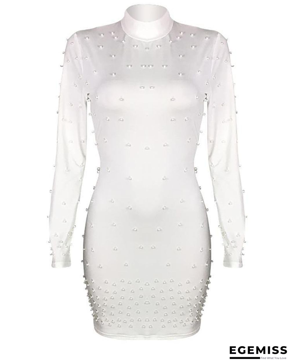Beading Embellished Long Sleeve Bodycon Dress White Dresses | EGEMISS