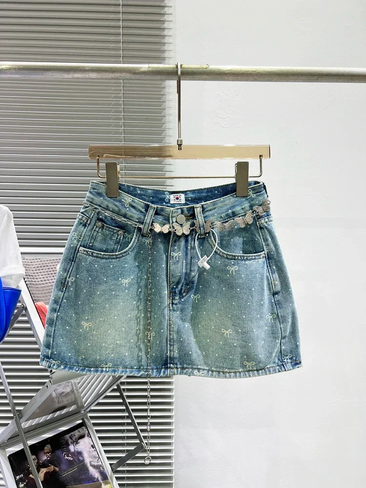 Toloer Denim Bow Polka Dot Printed Butterfly Chain Mini Skirt-Outfit Ideas