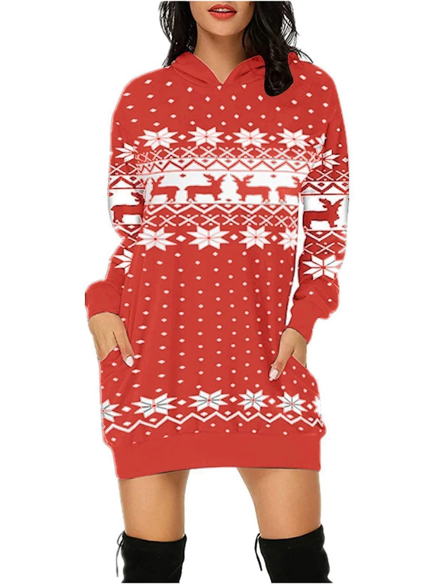 Plus Size Christmas Dresses Printed Pockets Long Sleeve Hoodie Dresses
