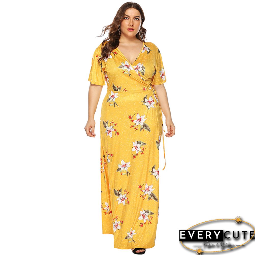 Yellow Floral Print Short Sleeve Plus Size Maxi Dress