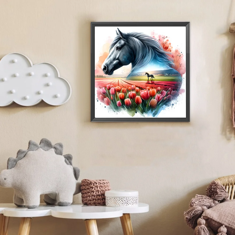 Diamond Painting - Full Round Drill - Tulip Horse Silhouettes(Canvas|30*30cm)