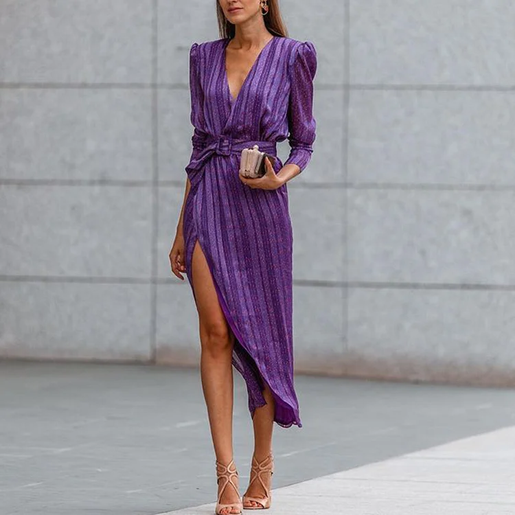 VChics Fashion Striped V Neck Slit Midi Dress