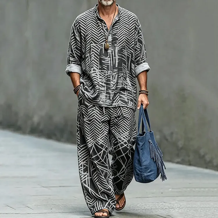 Men's Vintage Geometric Print Shirt And Pants Two Piece Set