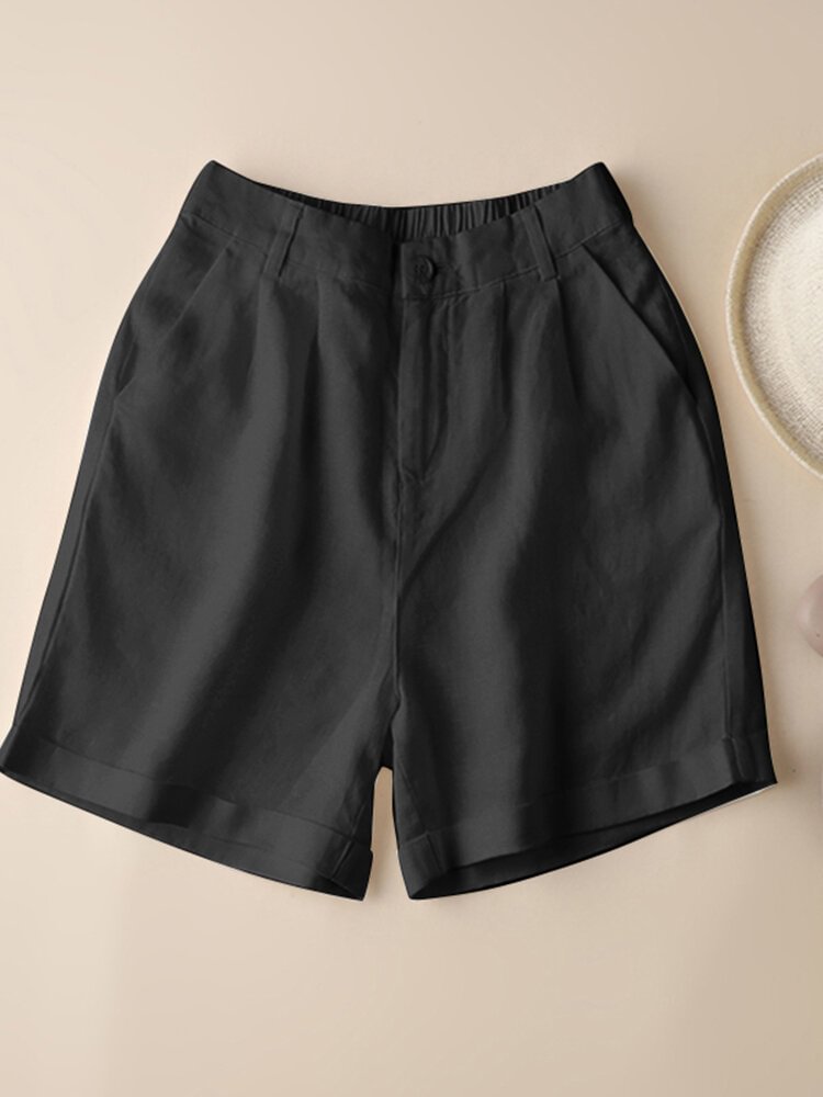 Solid Rolled Hem Pocket Elastic Waist Casual Shorts