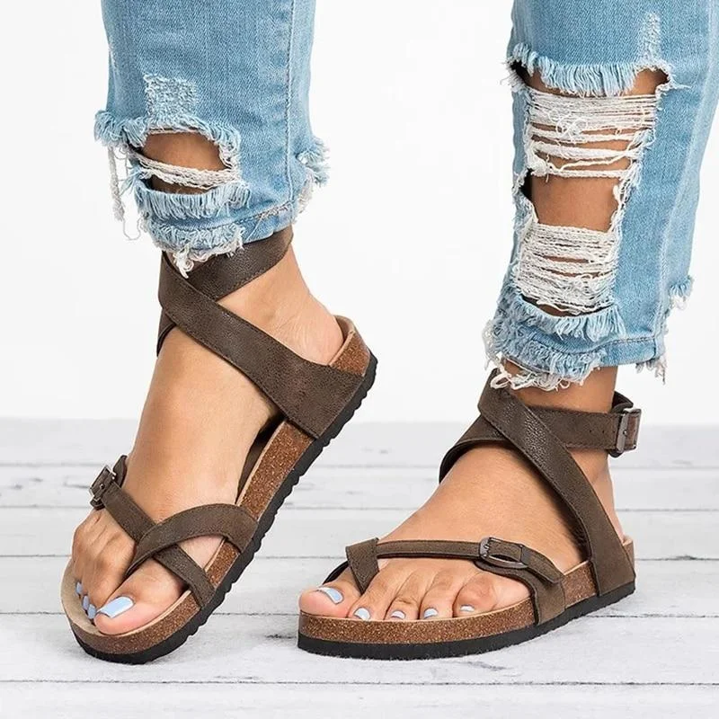 Basic Women's Summer Sandals Plus Size PU Leather Beach Flat Sandals | EGEMISS