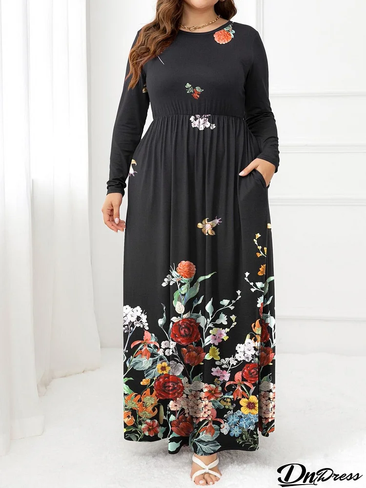 Plus Size Round Neck Maxi Dress with Pockets