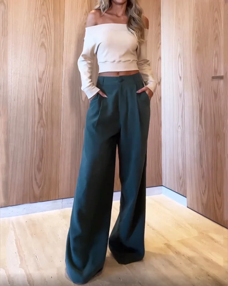 Casual Solid Color One-shoulder Top & Pants Two-piece Set