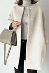 Elegant Solid Neckless Faux Woolen Coat