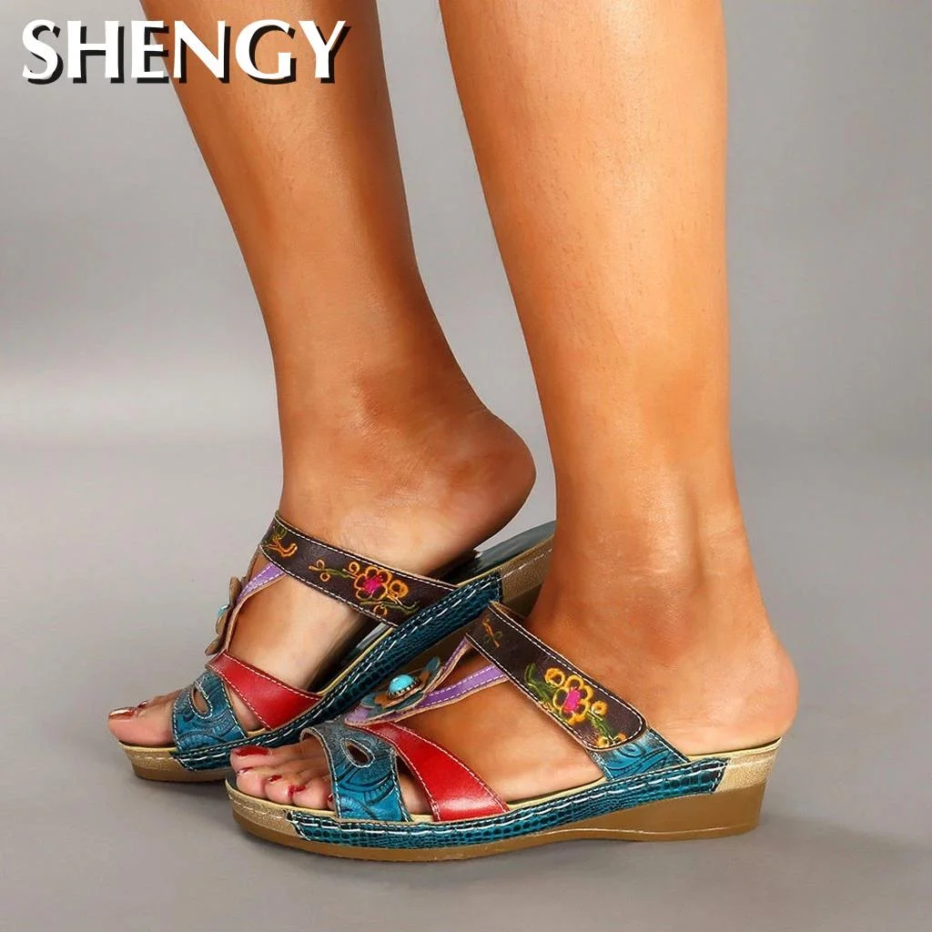 New Women Summer Slippers Ethnic Style Floral Print Open-toe Wedges Open Women Shoes Casual Beach Ladies Plus Size Slippers