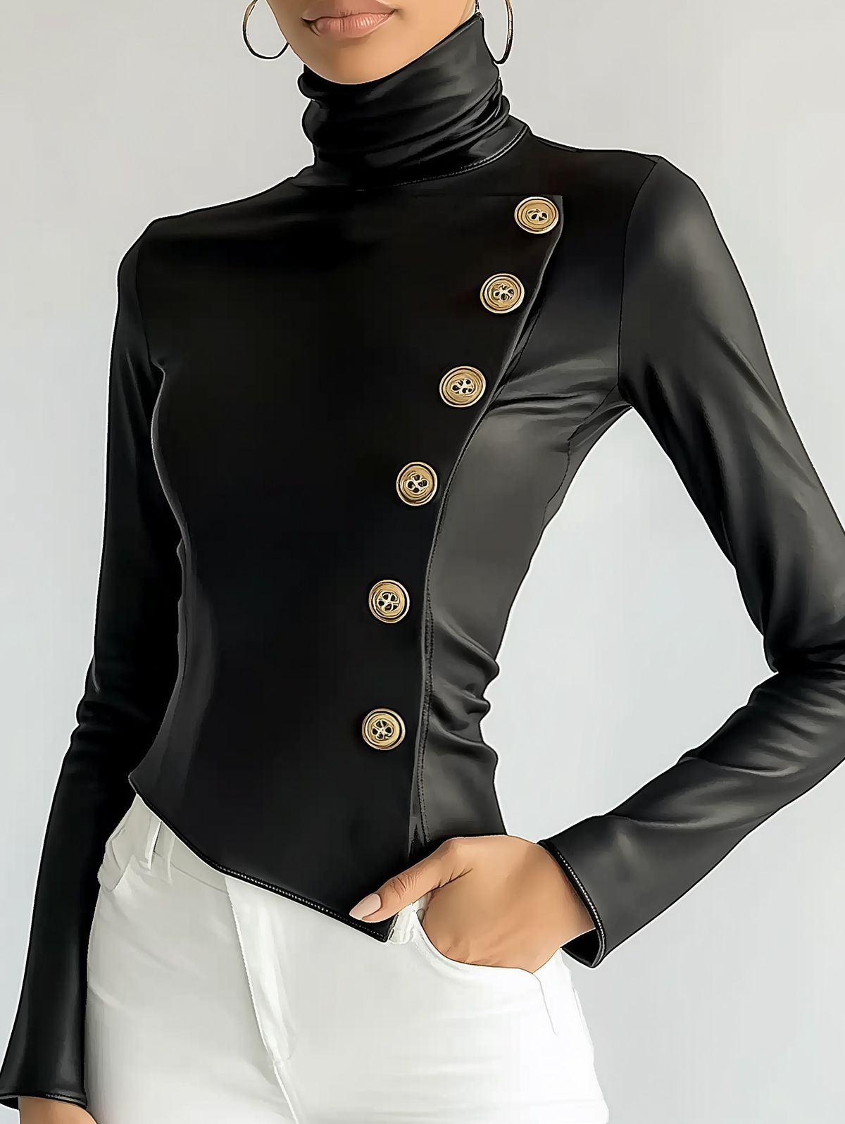 Ursime PU Leather High Neck Slant Buttons Long Sleeve Blouse