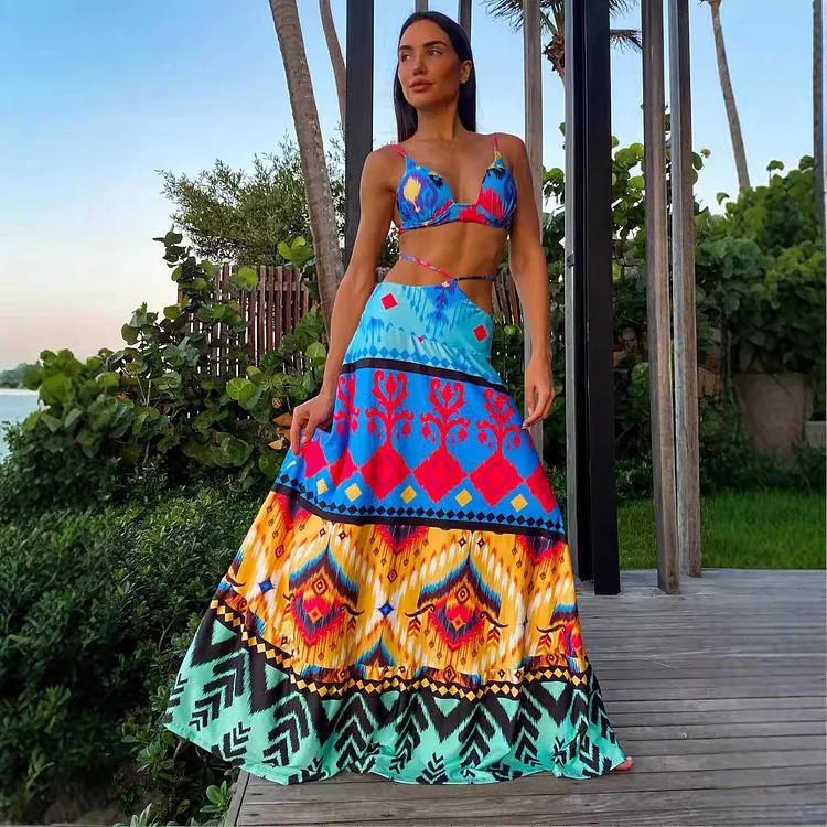 Sling Lace Up Printed  Top and Skirt Set