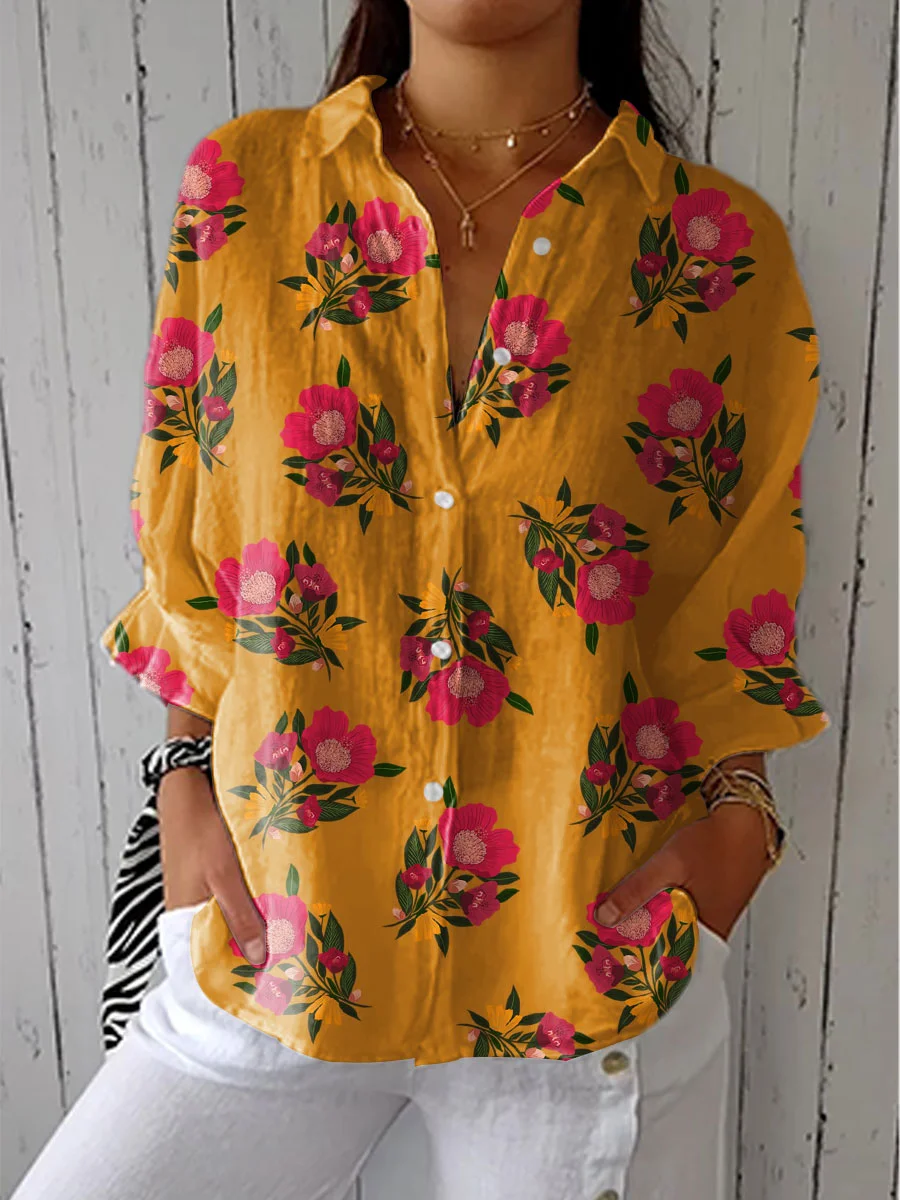 Women's Vintage Floral Art Print Casual Linen V-neck Shirt