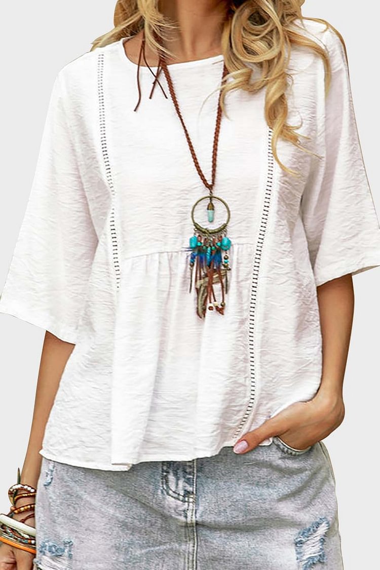 Three Quarter Sleeve Cut Out Peplum Casual Linen Top