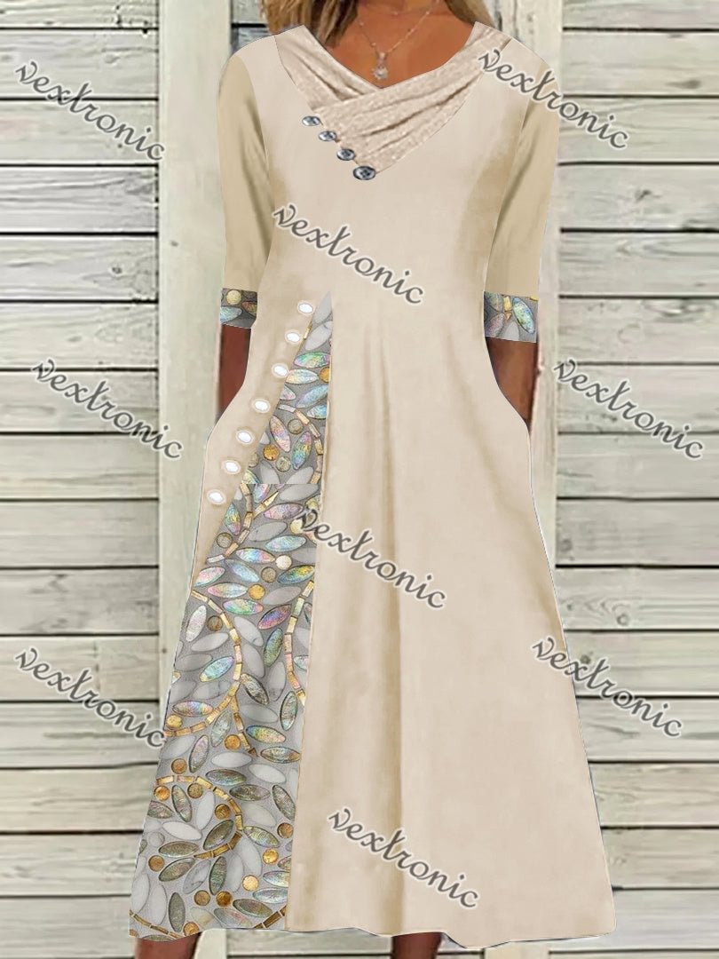 Women's Beige Half Sleeve V-neck Graphic Floral Printed Pockets Midi Dress